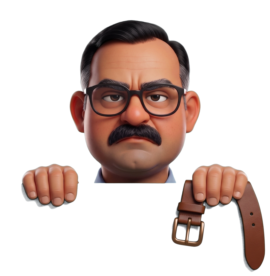 Papa peeking over the edge, holding a leather belt
